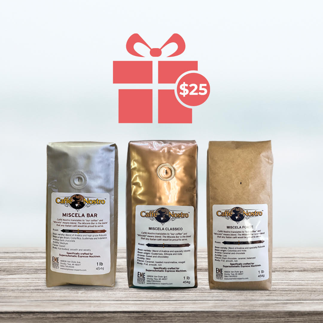 Variety Pack Caffé Nostro™  Miscela Classico, Miscela Bar Intenso, Miscela Forte. | $25 Gift E-Card